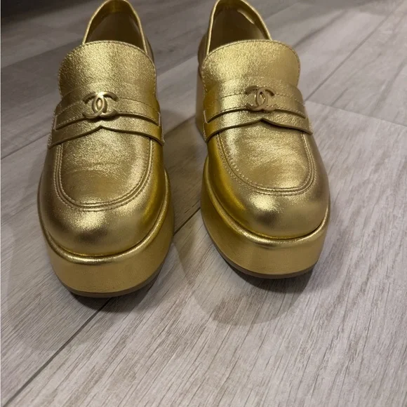 CHANEL Gold Flats Luxurious Metallic Loafers